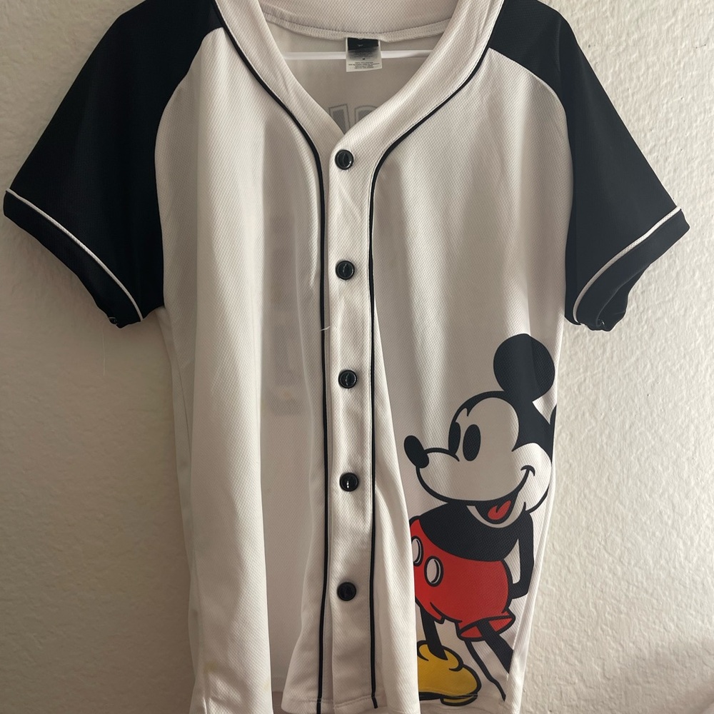 Disney White and Black Mickey Mouse Baseball Jersey with Red and Yellow Accents